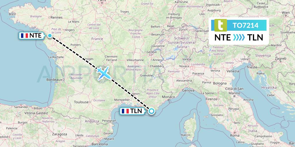 TO7214 Transavia France Flight Map: Nantes to Toulon