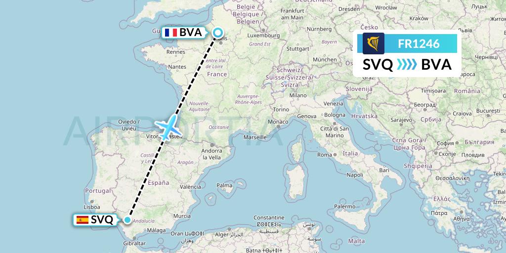 FR1246 Ryanair Flight Map: Seville to Paris