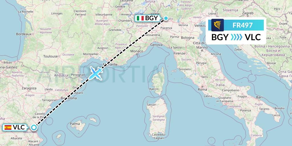 FR497 Ryanair Flight Map: Milan to Valencia