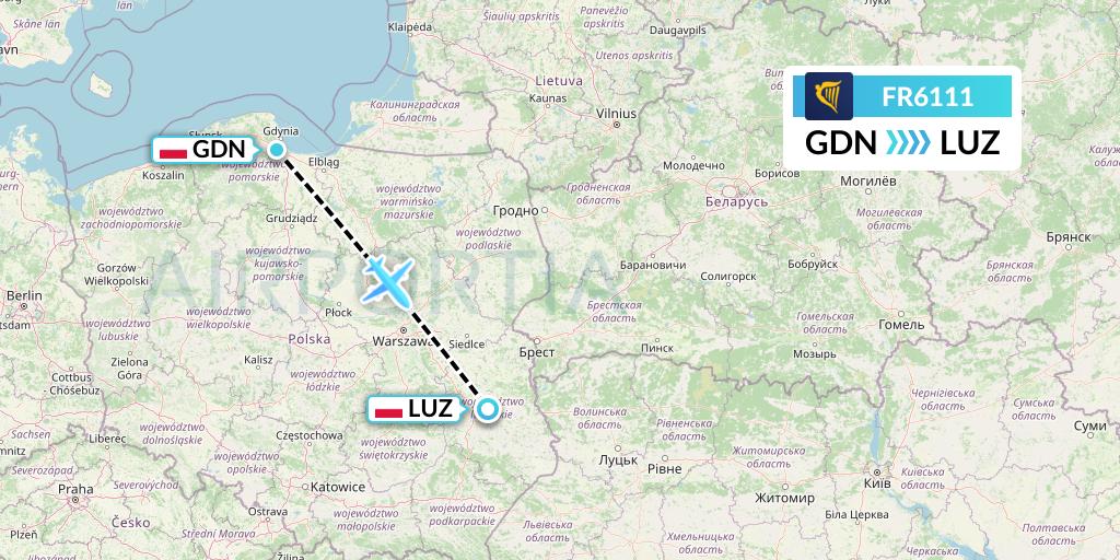 FR6111 Ryanair Flight Map: Gdansk to Lublin