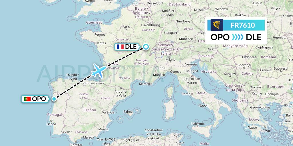 FR7610 Ryanair Flight Map: Porto to Dole