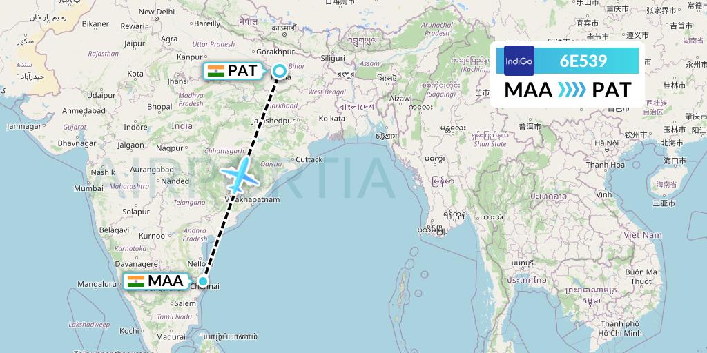 6E539 IndiGo Airlines Flight Map: Chennai to Patna