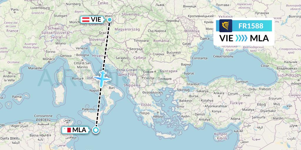 FR1588 Ryanair Flight Map: Vienna to Malta