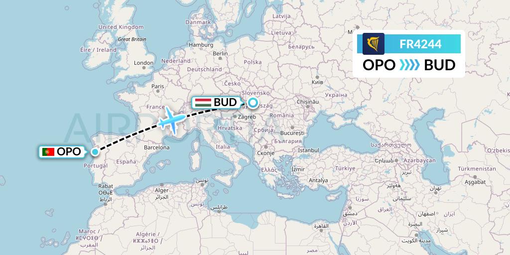 FR4244 Ryanair Flight Map: Porto to Budapest