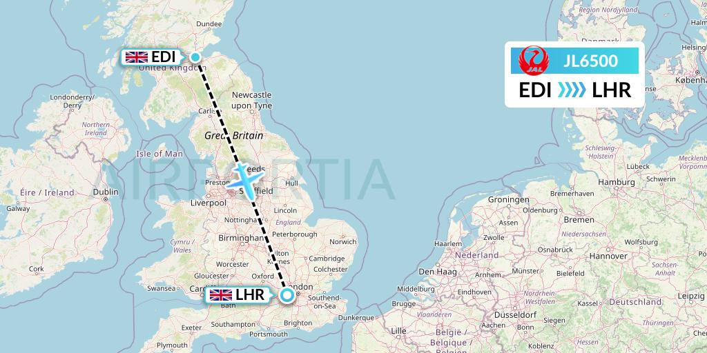 JL6500 Japan Airlines Flight Map: Edinburgh to London