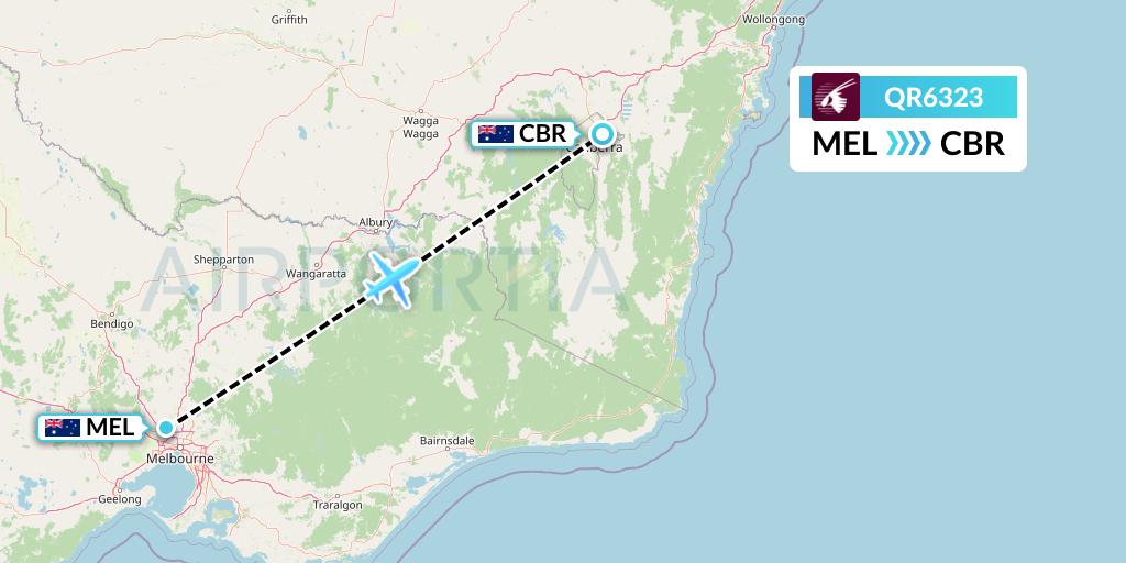 QR6323 Qatar Airways Flight Map: Melbourne to Canberra