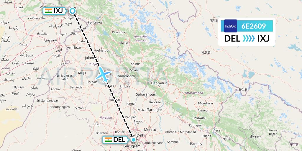 6E2609 IndiGo Airlines Flight Map: Delhi to Jammu