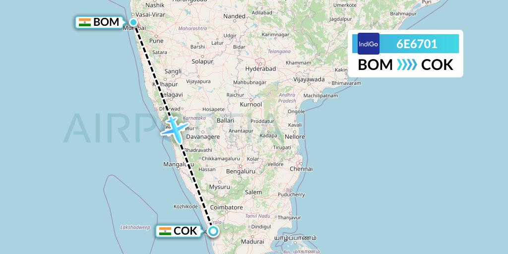 6E6701 IndiGo Airlines Flight Map: Mumbai to Cochin