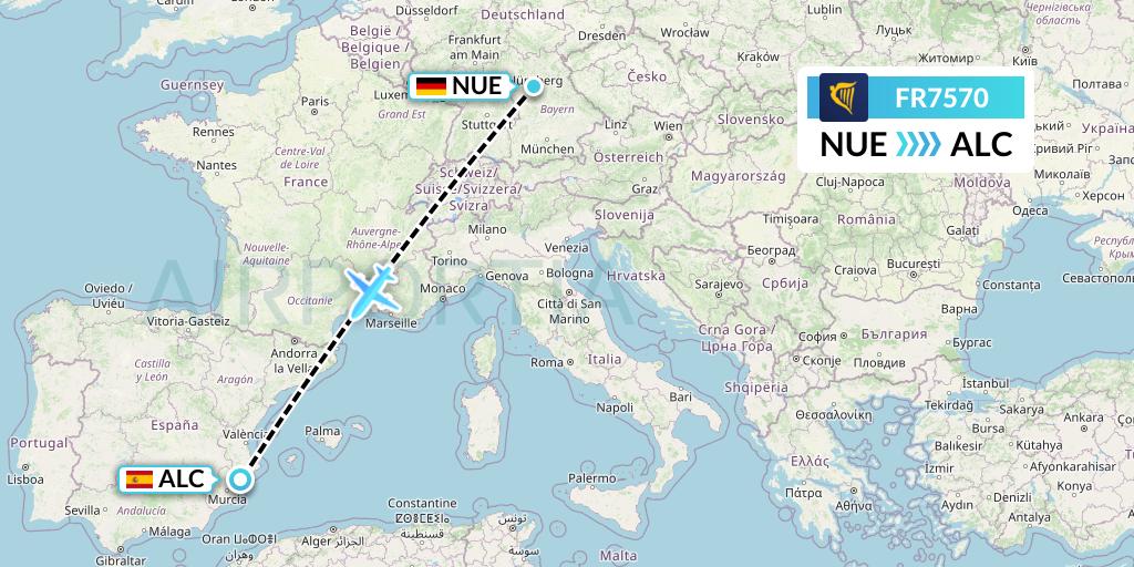 FR7570 Ryanair Flight Map: Nurnberg to Alicante