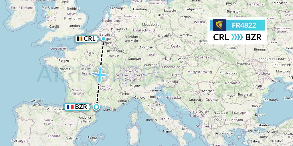 FR4822 Ryanair Flight Map: Brussels to Beziers