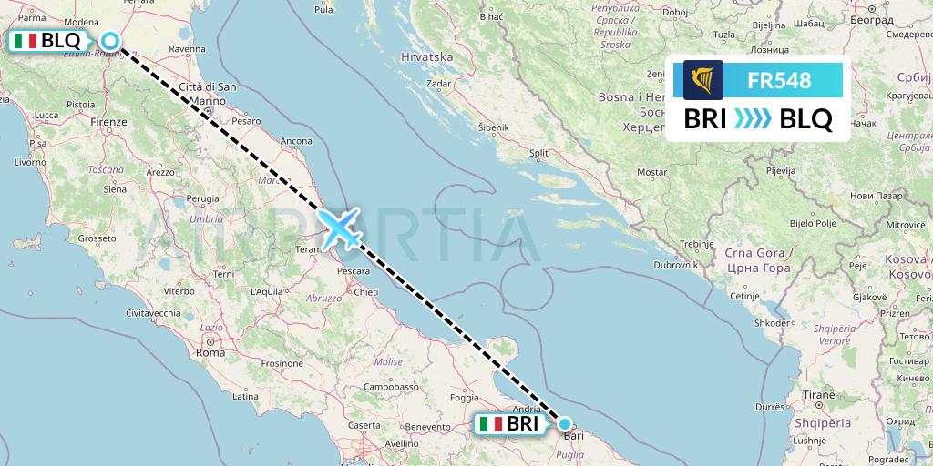 FR548 Ryanair Flight Map: Bari to Bologna