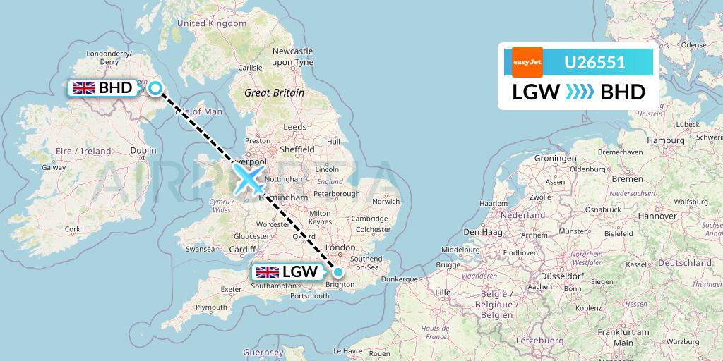 U26551 EasyJet Flight Map: London to Belfast