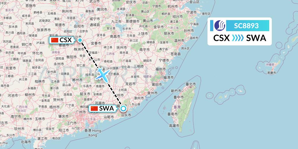SC8893 Shandong Airlines Flight Map: Changsha to Jieyang