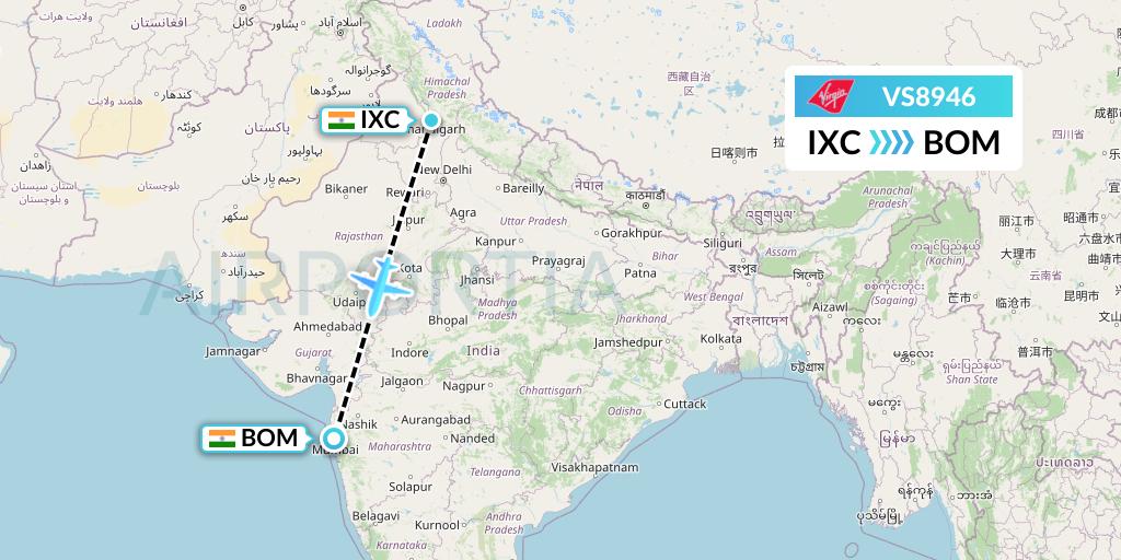 VS8946 Virgin Atlantic Airways Flight Map: Chandigarh to Mumbai