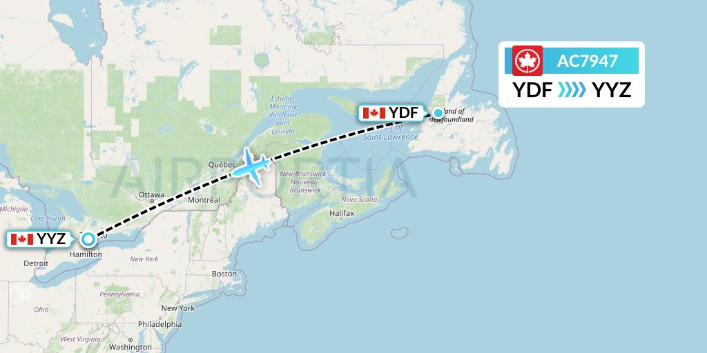 AC7947 Air Canada Flight Map: Deer Lake to Toronto