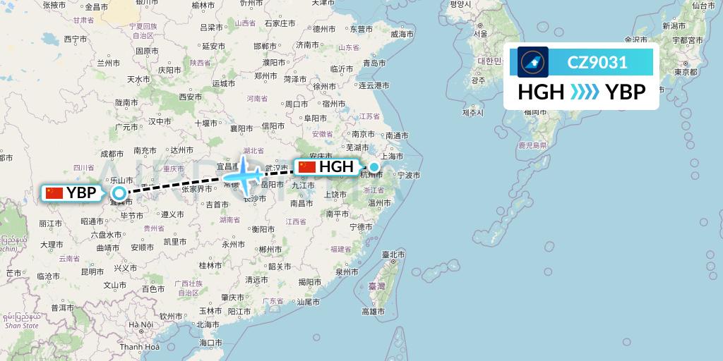 CZ9031 China Southern Airlines Flight Map: Hangzhou to Yibin