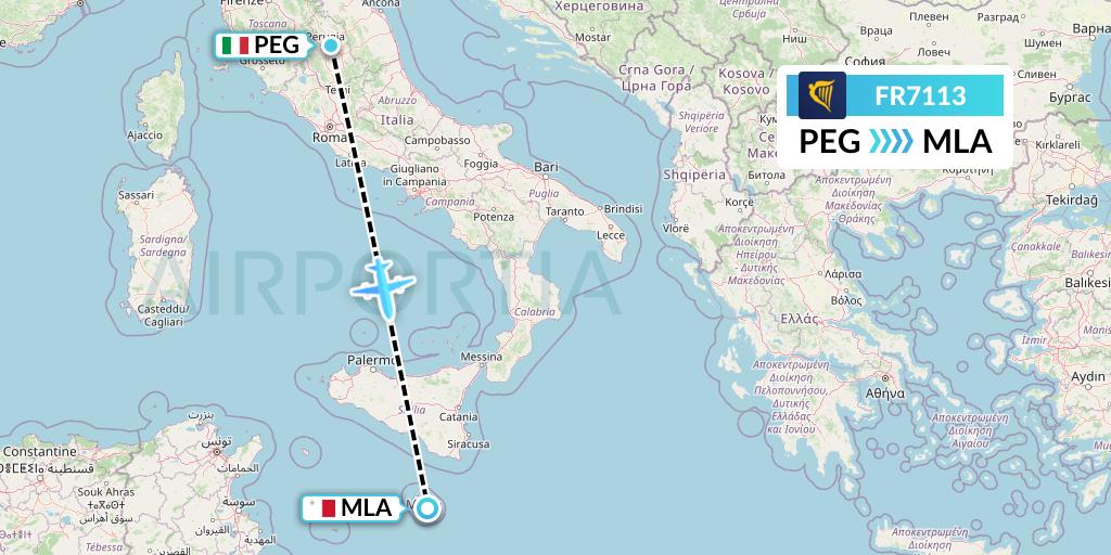 FR7113 Ryanair Flight Map: Perugia to Malta