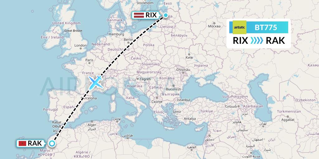 BT775 Air Baltic Flight Map: Riga to Marrakesh 