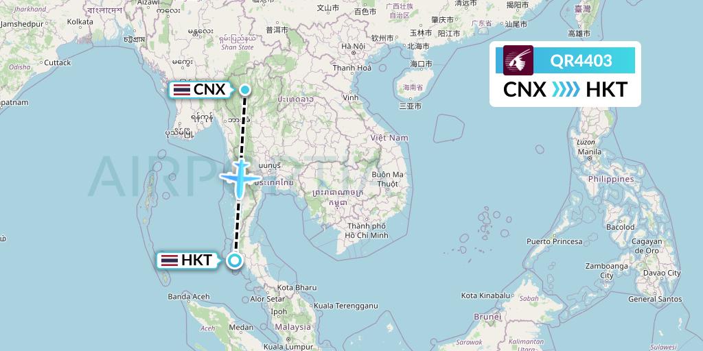 QR4403 Qatar Airways Flight Map: Chiang Mai to Phuket