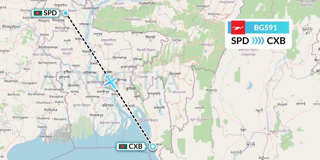 BG591 Biman Bangladesh Airlines Flight Map: Saidpur to Cox's Bazar