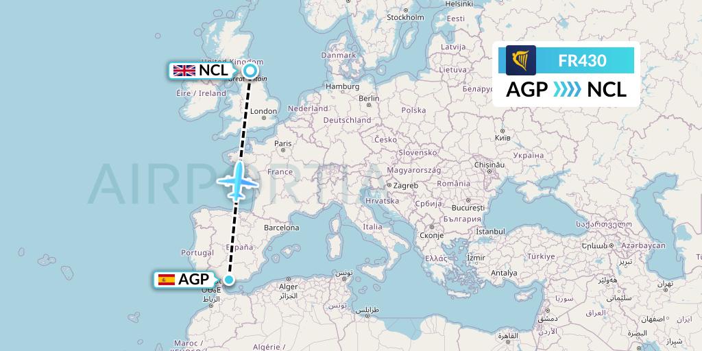 FR430 Ryanair Flight Map: Malaga to Newcastle