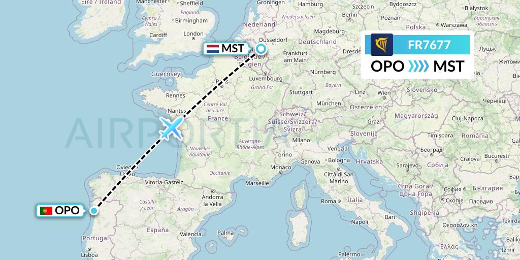 FR7677 Ryanair Flight Map: Porto to Maastricht