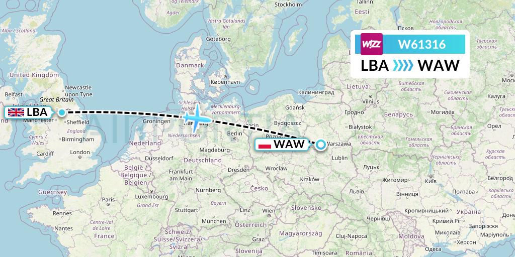 W61316 Wizz Air Flight Map: Leeds to Warsaw