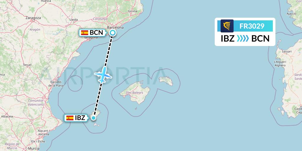 FR3029 Ryanair Flight Map: Ibiza to Barcelona