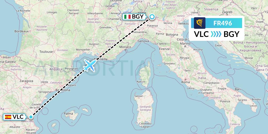 FR496 Ryanair Flight Map: Valencia to Milan