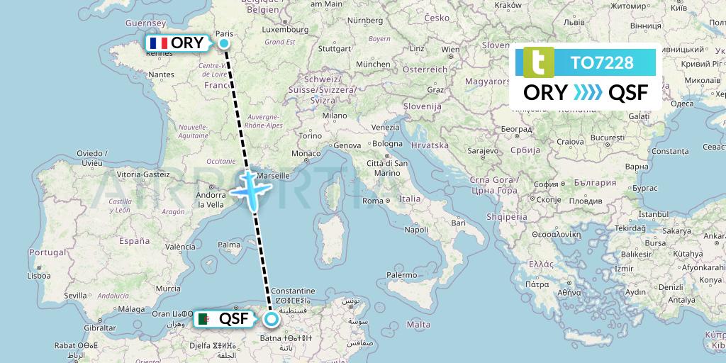 TO7228 Transavia France Flight Map: Paris to Setif