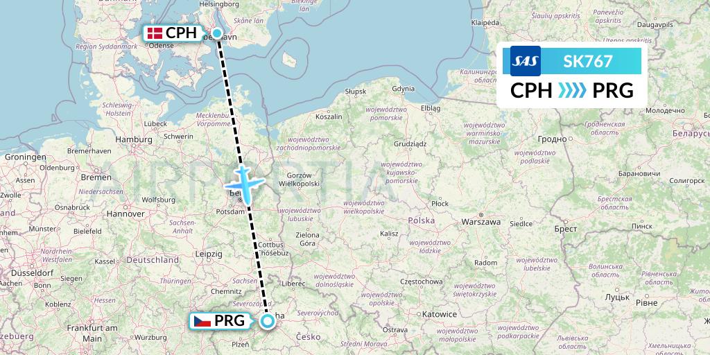 SK767 SAS Flight Map: Copenhagen to Prague