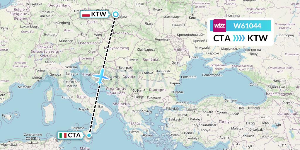 W61044 Wizz Air Flight Map: Catania to Katowice