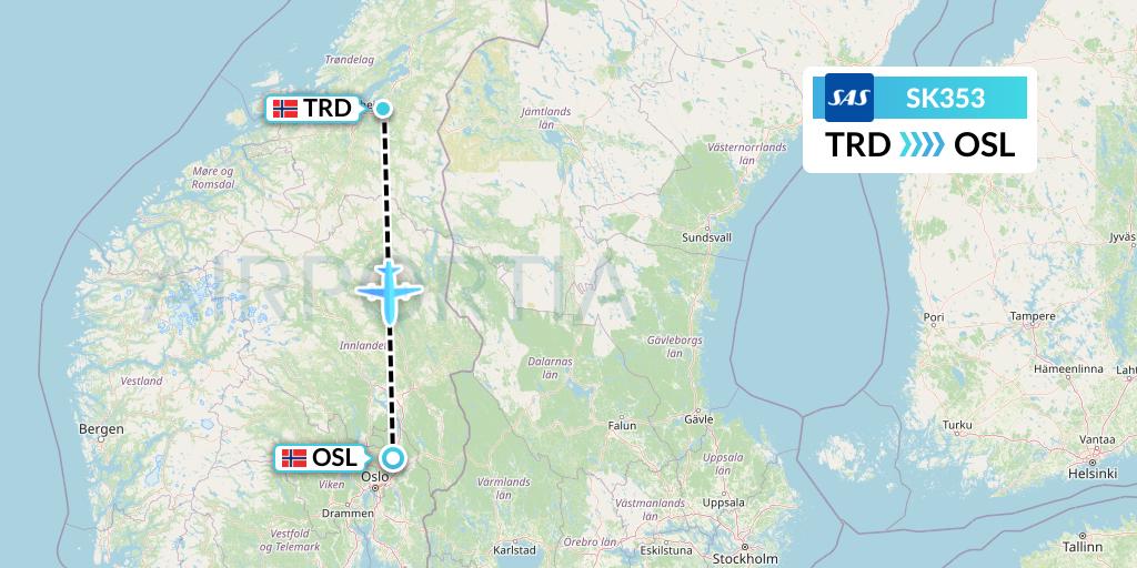 SK353 SAS Flight Map: Trondheim to Oslo