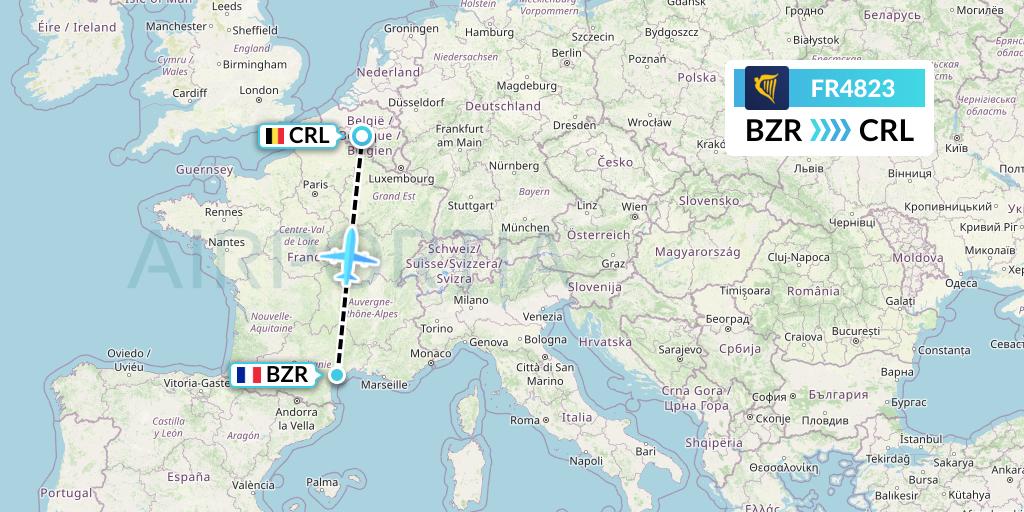 FR4823 Ryanair Flight Map: Beziers to Brussels