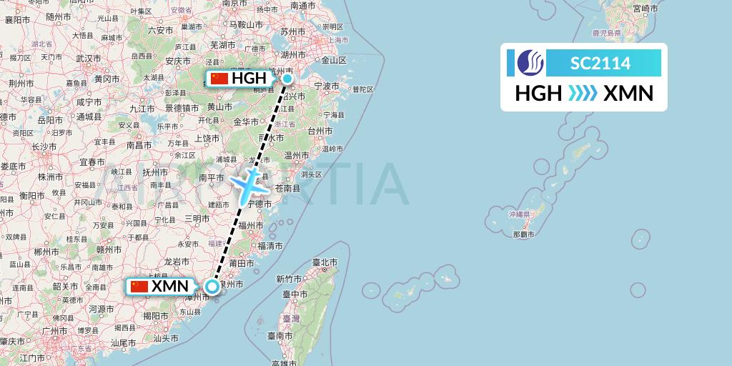 SC2114 Shandong Airlines Flight Map: Hangzhou to Xiamen