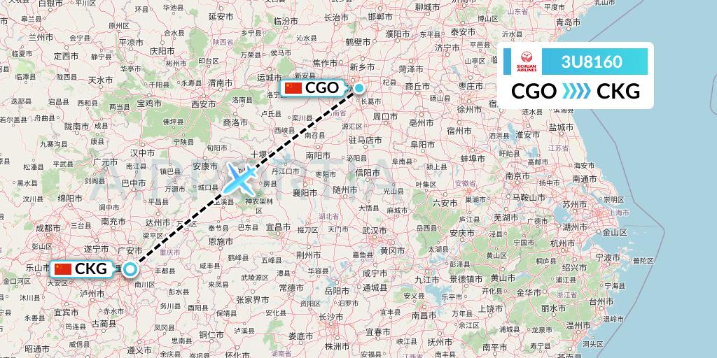 3U8160 Sichuan Airlines Flight Map: Zhengzhou to Chongqing
