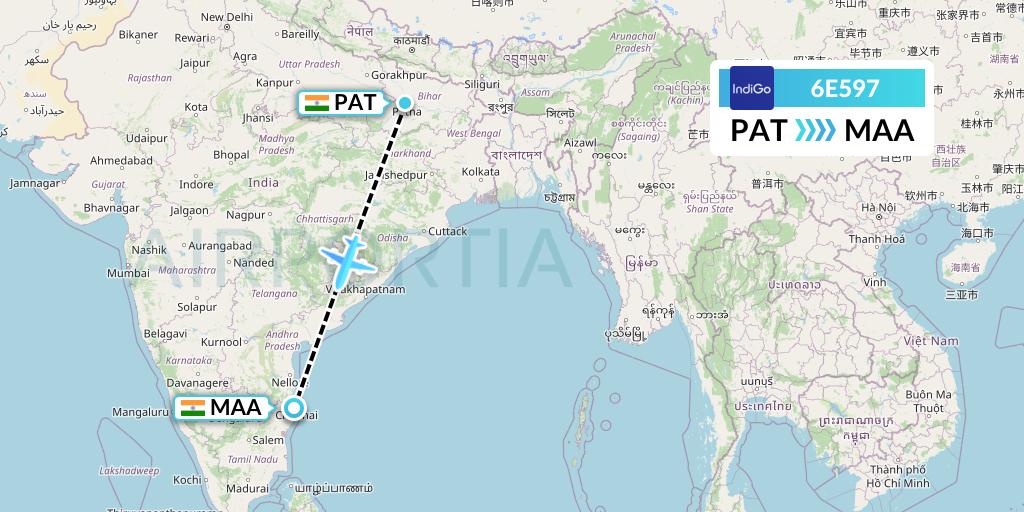 6E597 IndiGo Airlines Flight Map: Patna to Chennai