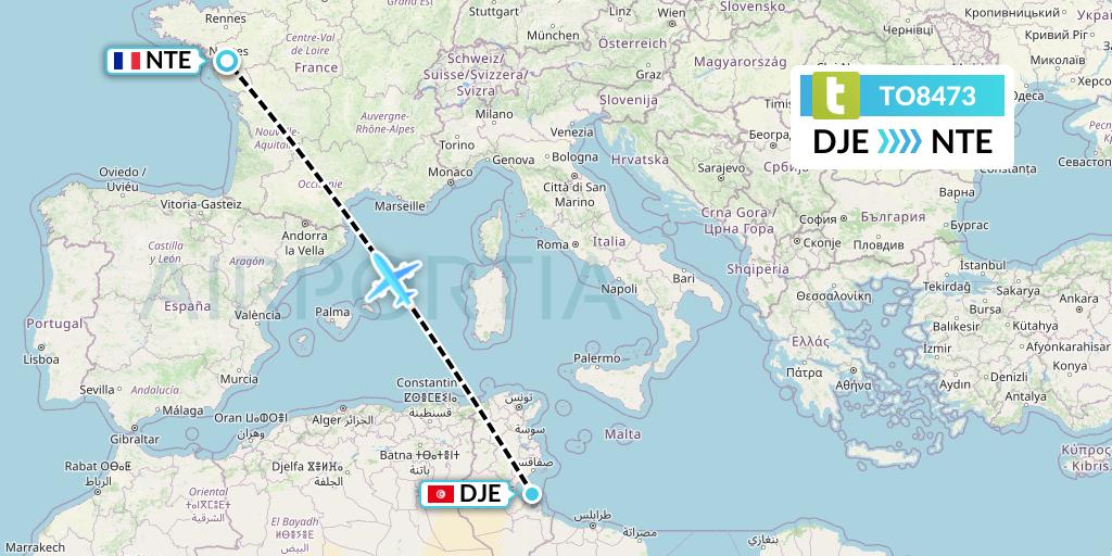 TO8473 Transavia France Flight Map: Djerba to Nantes
