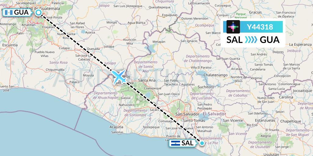 Y44318 Volaris Flight Map: San Salvador to Guatemala City