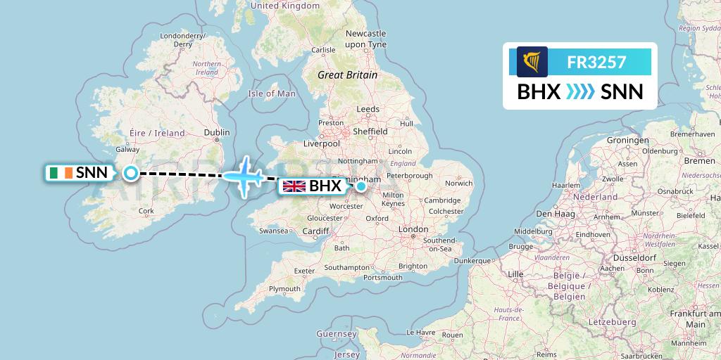 FR3257 Ryanair Flight Map: Birmingham to Shannon