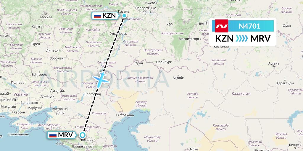 N4701 Nordwind Airlines Flight Map: Kazan to Mineralnye Vody