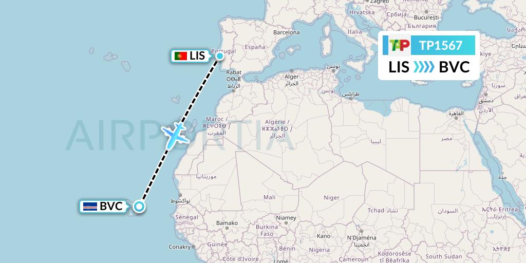 TP1567 TAP Portugal Flight Map: Lisbon to Boa Vista