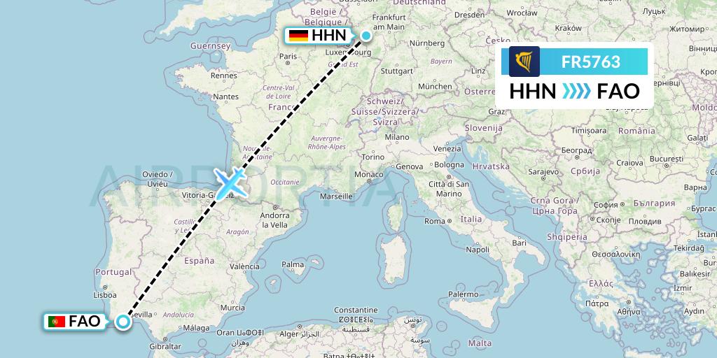 FR5763 Ryanair Flight Map: Hahn to Faro