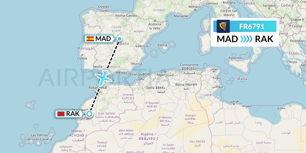 FR6791 Ryanair Flight Map: Madrid to Marrakesh 