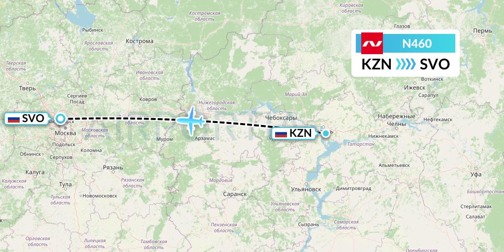 N460 Nordwind Airlines Flight Map: Kazan to Moscow