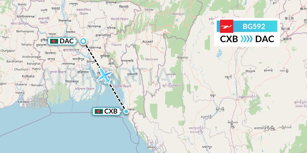 BG592 Biman Bangladesh Airlines Flight Map: Cox's Bazar to Dhaka