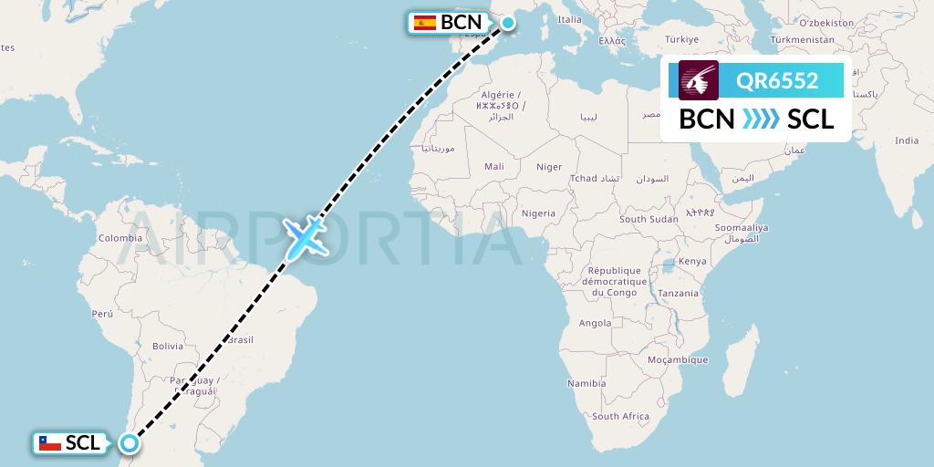 QR6552 Qatar Airways Flight Map: Barcelona to Santiago