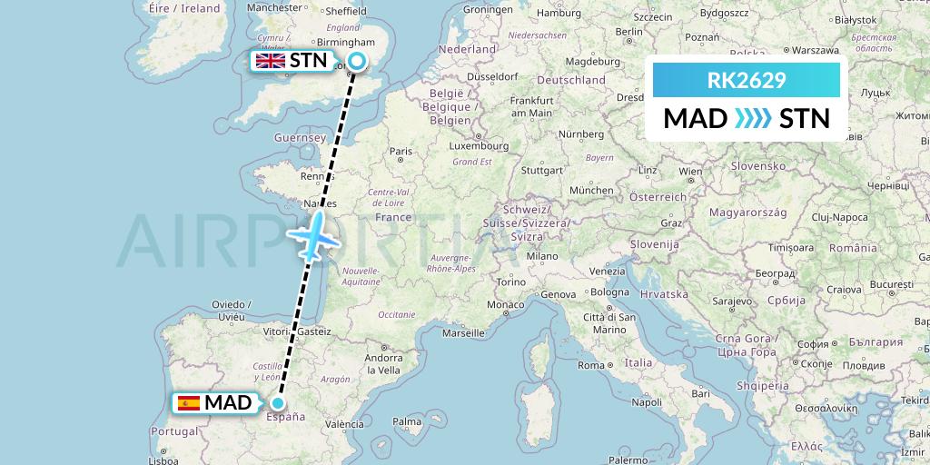 RK2629 Ryanair UK Flight Map: Madrid to London