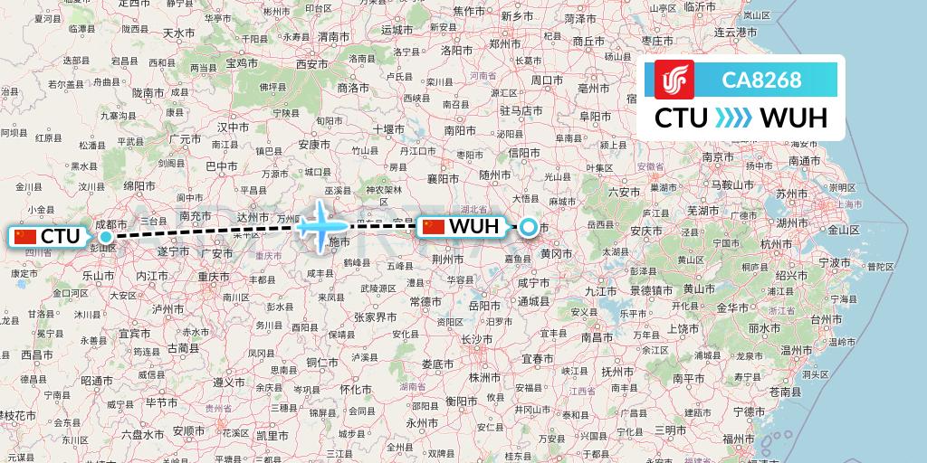 CA8268 Air China Flight Map: Chengdu to Wuhan