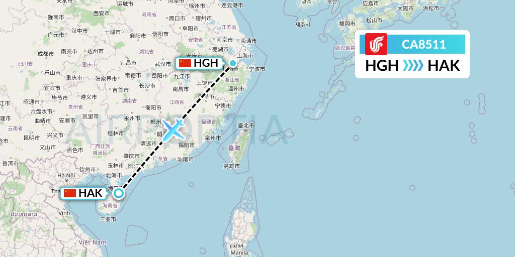 CA8511 Air China Flight Map: Hangzhou to Haikou
